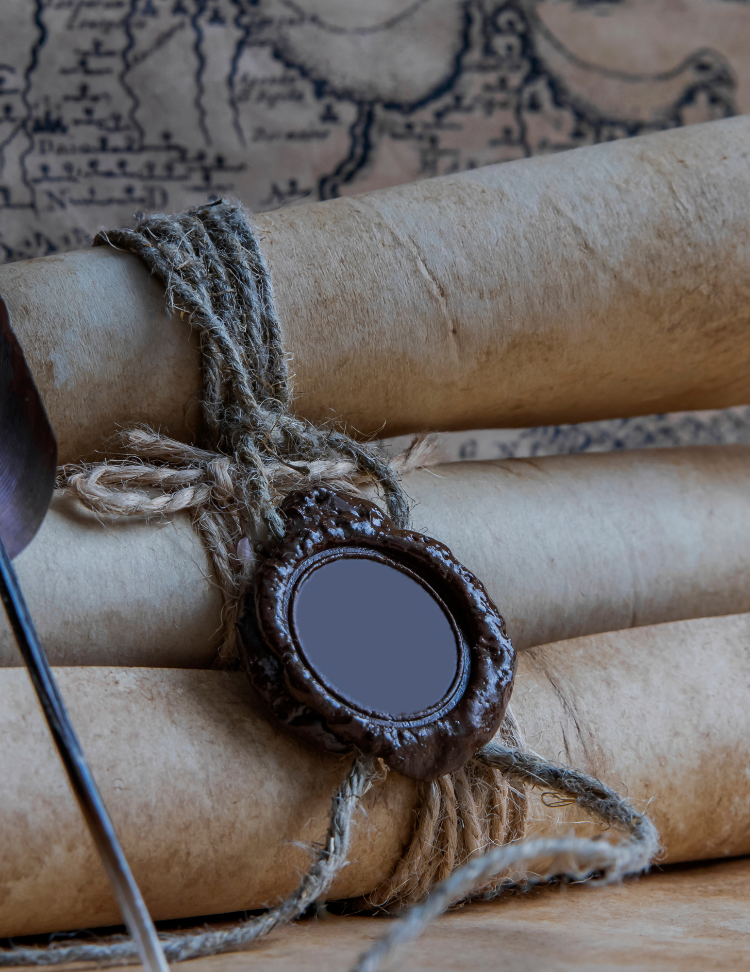 Ancient scrolls bound with twine, a wax seal, and a quill — sacred wisdom